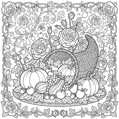 Celebrate the spirit of gratitude with this exquisite Thanksgiving coloring page, blending bountiful harvest elements with the timeless beauty of Damask roses. Discover a cornucopia overflowing with pumpkins, gourds, and fruits, set against a backdrop of intricate floral patterns, perfect for a relaxing coloring session.