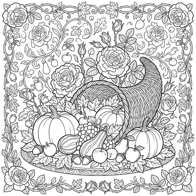 Celebrate the spirit of gratitude with this exquisite Thanksgiving coloring page, blending bountiful harvest elements with the timeless beauty of Damask roses. Discover a cornucopia overflowing with pumpkins, gourds, and fruits, set against a backdrop of intricate floral patterns, perfect for a relaxing coloring session.