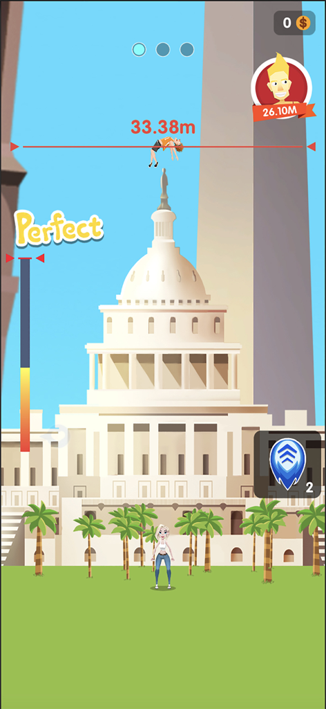 Lady Toss - Gameplay screenshot of Lady Toss showing a woman tossing a man 33 meters high in front of the US Capitol building