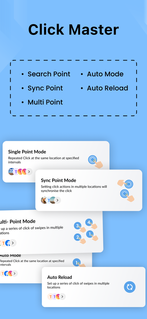 Auto Clicker - Automatic tap· - Interface showcasing various automatic tapping modes including single point, sync point, and multi point features.