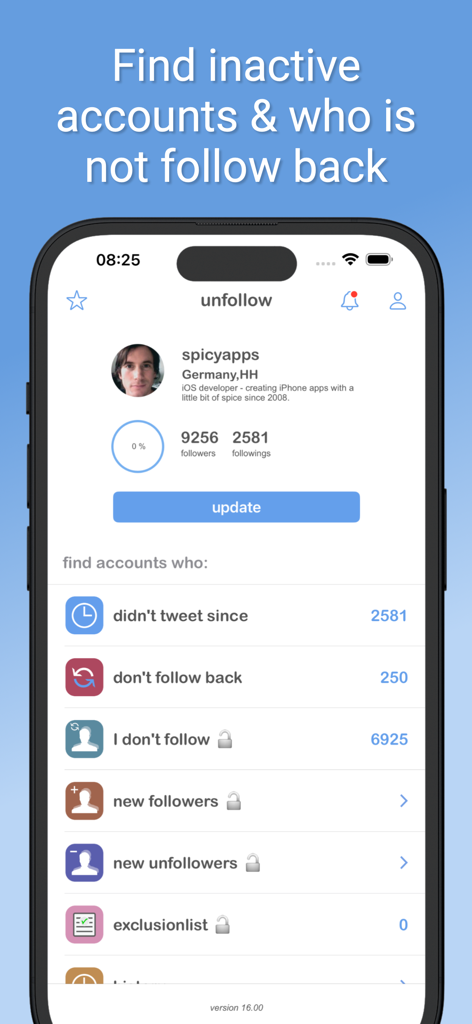 unfollow for X aka Twitter - Mobile app dashboard showing Twitter follower statistics and options to find inactive accounts and non-followers