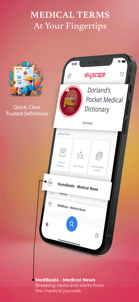 Dorland Pkt Medical Dictionary - Smartphone screen displaying the Dorland Pocket Medical Dictionary app home interface with medical terms and news sections.