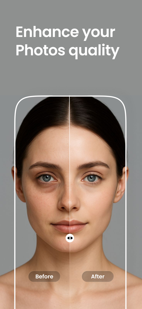 Comparaison avant/après du visage d'une femme démontrant la fonctionnalité d'amélioration de la qualité de la photo par IA