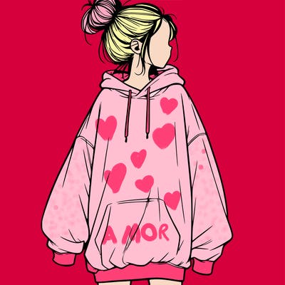 realistic girl with a oversized sweatshirt on and a bun