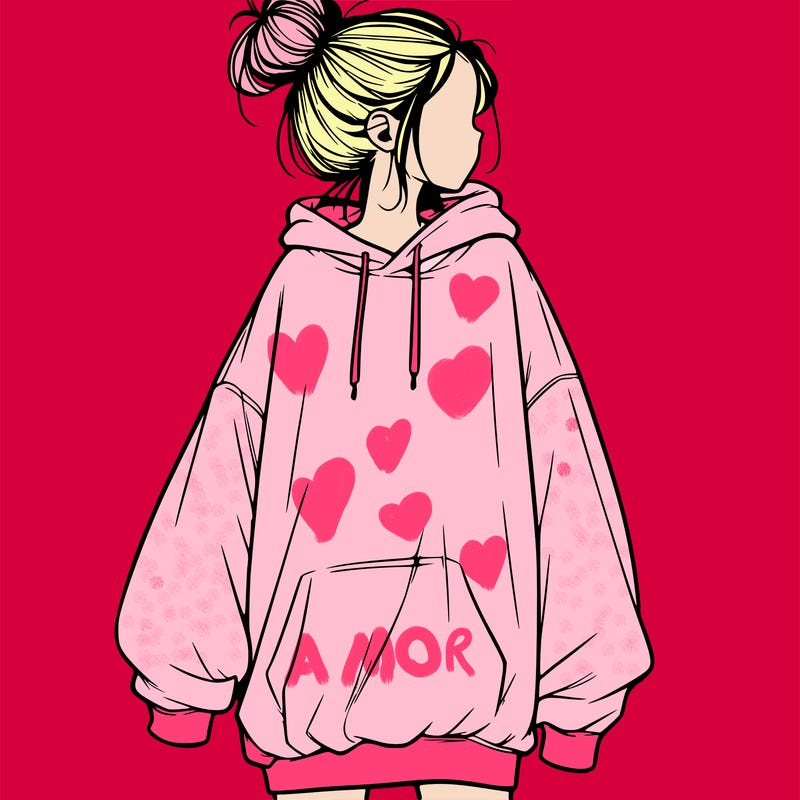 realistic girl with a oversized sweatshirt on and a bun