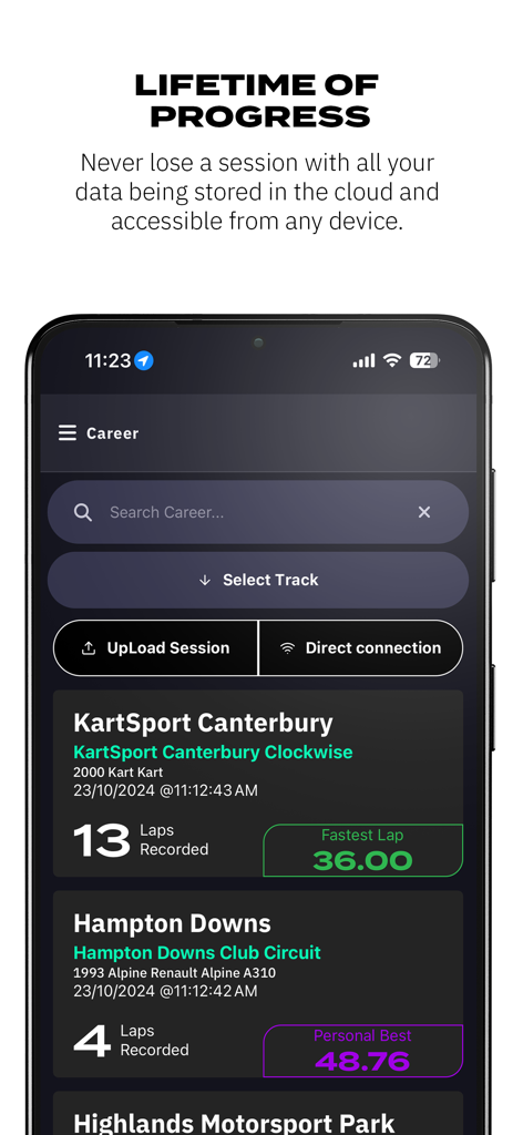 MyRaceLab: Lap & Race Timer - Interfaz de la aplicación MyRaceLab que muestra el historial de carreras con tiempos de vuelta registrados y funciones de sincronización en la nube