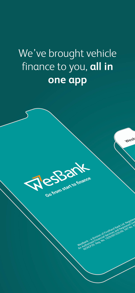 WesBank vehicle finance app introductory screen showing the all-in-one platform tagline
