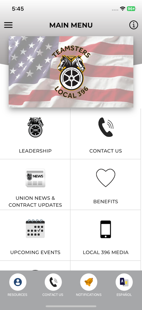 Teamsters 396 - Main menu of the Teamsters Local 396 mobile app with navigation icons for leadership news benefits and events