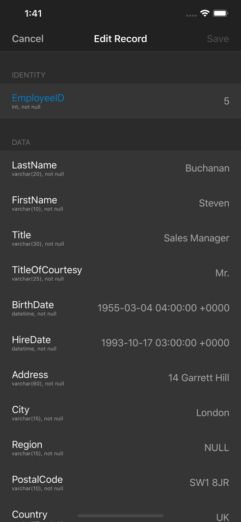 SQLPro Studio database client - Interface of SQLPro Studio showing the edit record screen for a database entry.