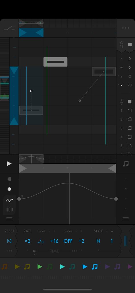 Fugue Machine Rubato - Interface of Fugue Machine Rubato showing a piano roll with multiple playheads and time bending curves