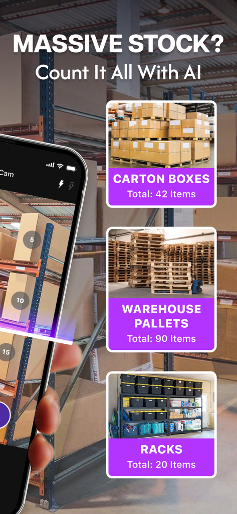 A mobile phone screen showing AI counting carton boxes and warehouse pallets with totals displayed.