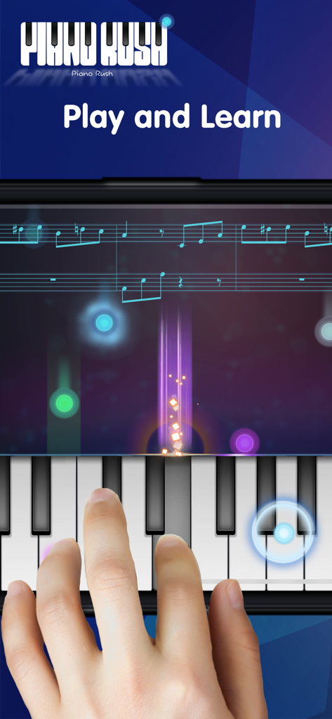 Una mano che suona il pianoforte nell'app Piano Rush con spartito in tempo reale e indicatori delle note che cadono
