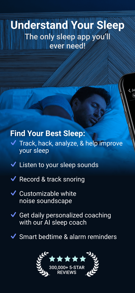 SleepWatch - Top Sleep Tracker - Ein Werbebildschirm für die SleepWatch-App, der Funktionen wie Schlaf-Tracking und Schnarch-Aufzeichnung neben dem Bild eines schlafenden Mannes auflistet.