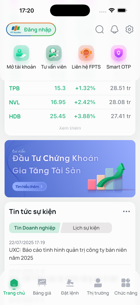 FPTS EzTrade - FPTS EzTrade app home screen with stock market watchlist and financial news