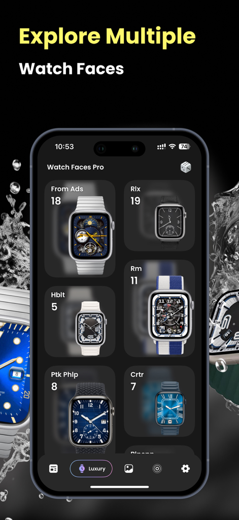 Luxury Watch Faces Watchology - iPhone screen displaying a curated gallery of high-end luxury watch faces within the Watchology app