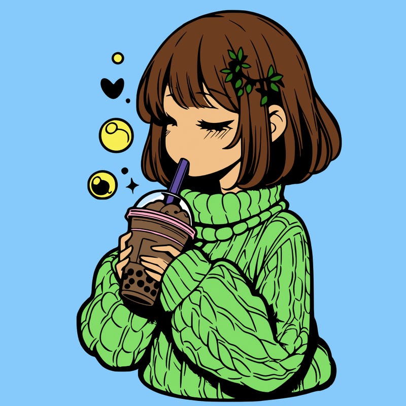 manga girl drinking boba in cozy sweater