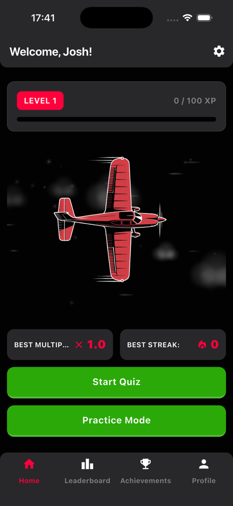 Aviators Quiz - Aviators Quizのホームスクリーン。赤いプロペラ機と「クイズ開始」ボタンが表示されます。
