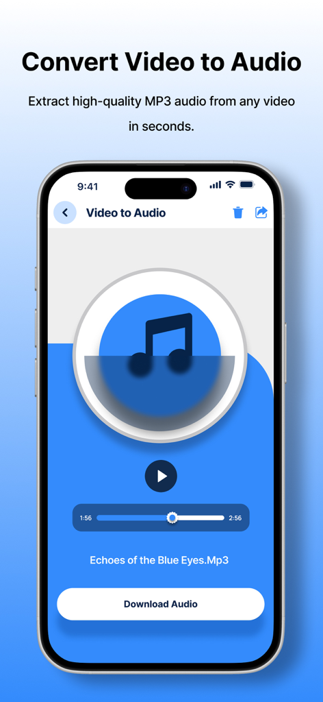 fdown.net - Mobile app interface showing the video to audio extraction tool with a play button and download option