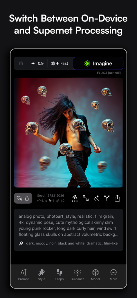 Sogni - AI Art Generator - Sogni AI app interface showing on-device processing and a generated punk rocker image with floating skulls.