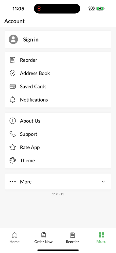 Funky Chicken Meir - Funky Chicken Meir mobile app account settings screen showing reorder address book and saved cards options