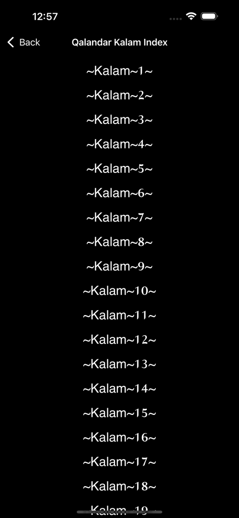 Une liste montrant l'index des œuvres poétiques soufies appelées Kalam dans l'application Poésie Spirituelle Lal Qalandar.