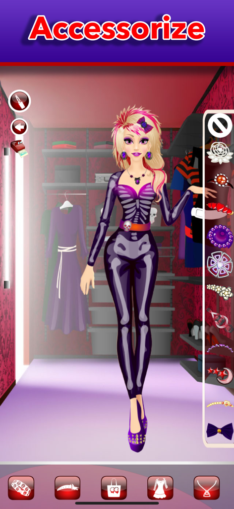 A girl in a skeleton jumpsuit with accessories in a Halloween dress-up game