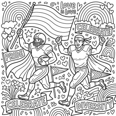 Dive into the spirit of Pride Month with this vibrant coloring page featuring powerful running backs. Express your creativity while celebrating love, diversity, and community in this engaging scene.