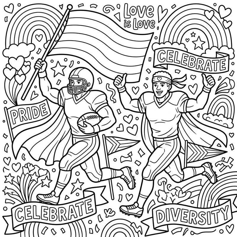 Dive into the spirit of Pride Month with this vibrant coloring page featuring powerful running backs. Express your creativity while celebrating love, diversity, and community in this engaging scene.