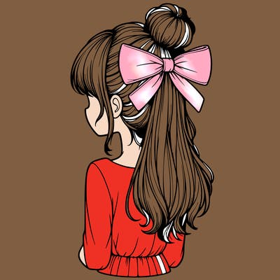 realistic girl  with hip length hair a bun and a big bow on the back of head