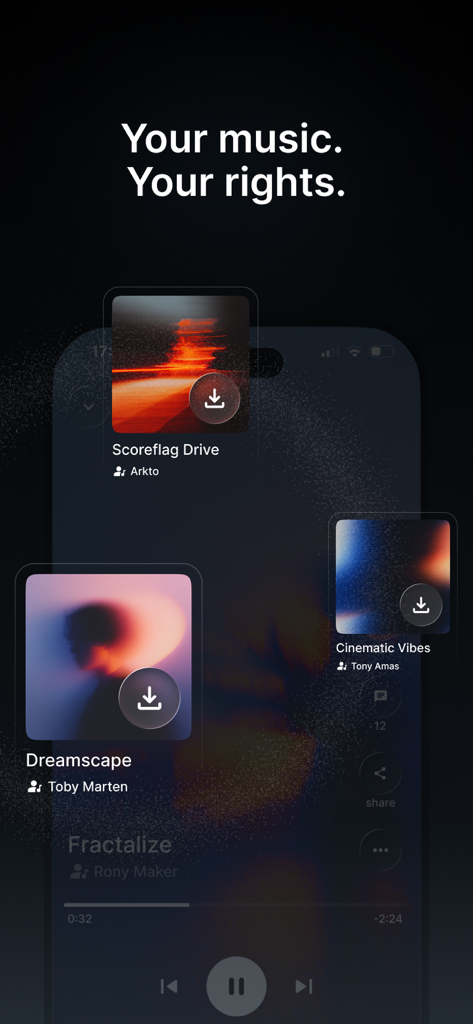 Mozart AI: AI Music Studio - Una pantalla de smartphone de la aplicación Mozart AI mostrando derechos de propiedad musical y pistas descargables