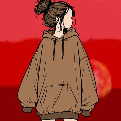 realistic girl with a oversized sweatshirt on and a bun