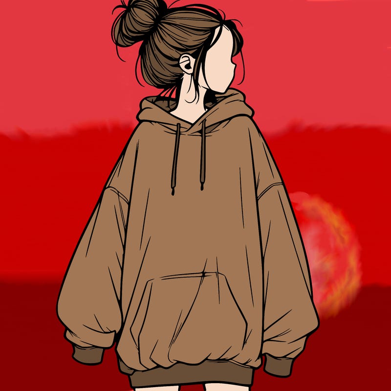 realistic girl with a oversized sweatshirt on and a bun