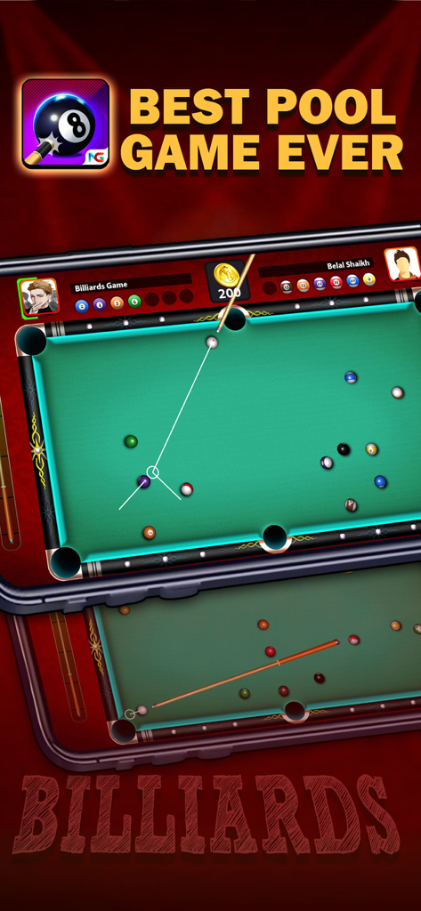 Top-down view of 8-ball pool gameplay on two mobile smartphones