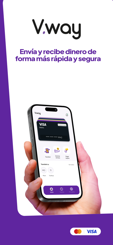 V.way - Uma mão segurando um iPhone exibindo a interface do aplicativo V.way para transferências de dinheiro e remessas rápidas e seguras
