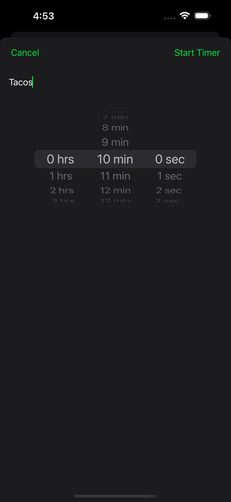 Interface for setting a new ten-minute cooking timer for Tacos in the Cook kitchen timers app.