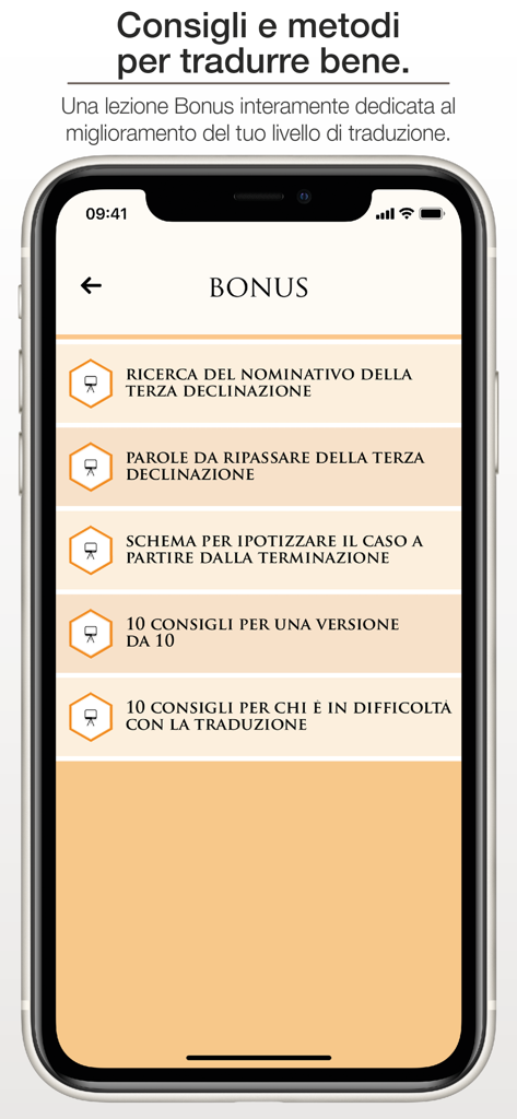 iLatinista (PRO) - Screenshot of iLatinista app showing a list of bonus lessons and tips for Latin translation.