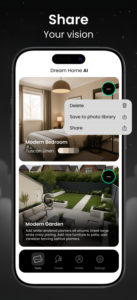 Interface of Room Planner Dream Home AI showing options to share or save modern bedroom and garden designs