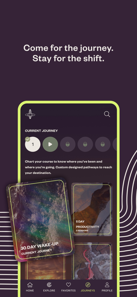 Othership: Guided Breathwork - Interfaz de la aplicación Othership que muestra la pestaña Journeys con programas de respiración de 30 días 'Wake up' y 5 días 'Productivity'