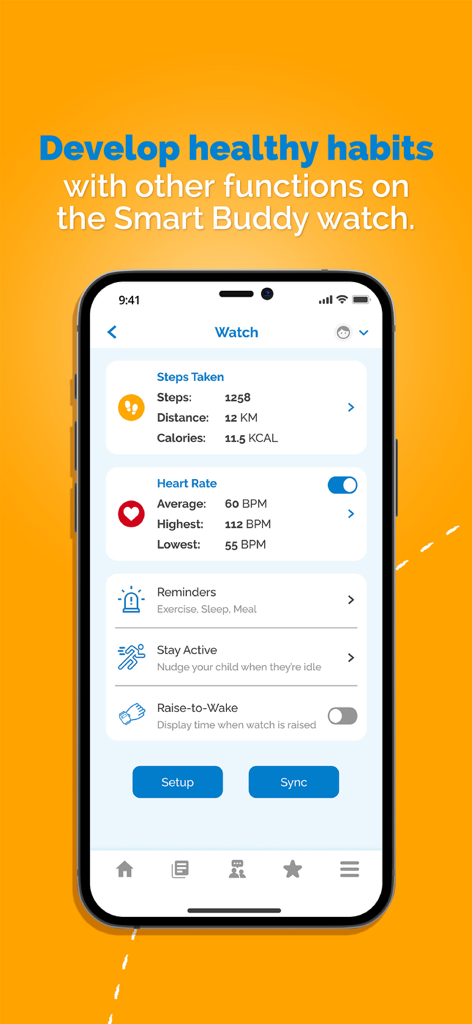 Interfaz de la aplicación POSB Smart Buddy mostrando funciones de seguimiento de fitness que incluyen pasos dados, frecuencia cardíaca y recordatorios de actividad para niños.