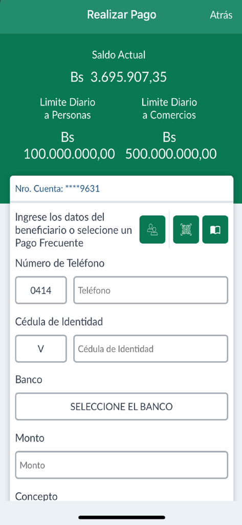 Banesco Ve - Pantalla de la aplicación Banesco Ve mostrando el formulario de pago móvil y el saldo de cuenta actual en Bolívares