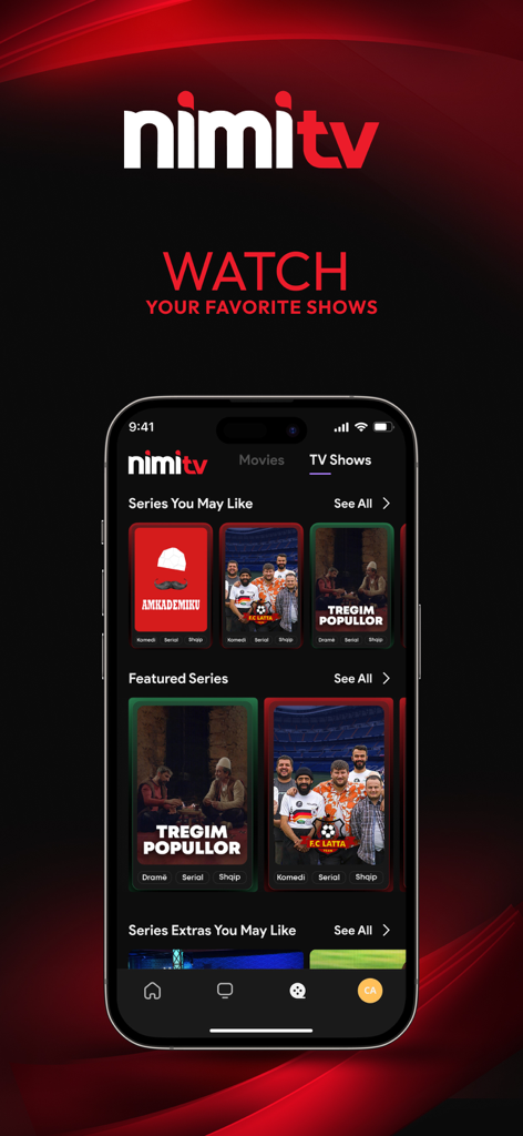 NimiTV mobile app interface showing various Albanian TV series and shows