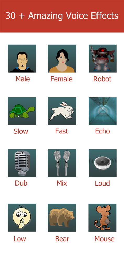 A menu showing various voice effects like robot bear and mouse in the Video Voice Changer Pro app