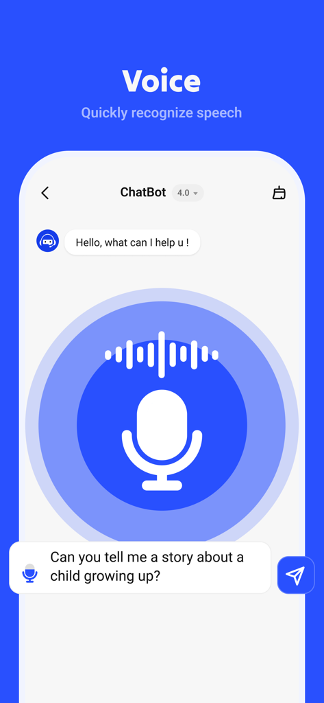 Interfaz móvil de chatbot de IA con reconocimiento de voz y funcionalidad de texto a voz con un ícono de micrófono.
