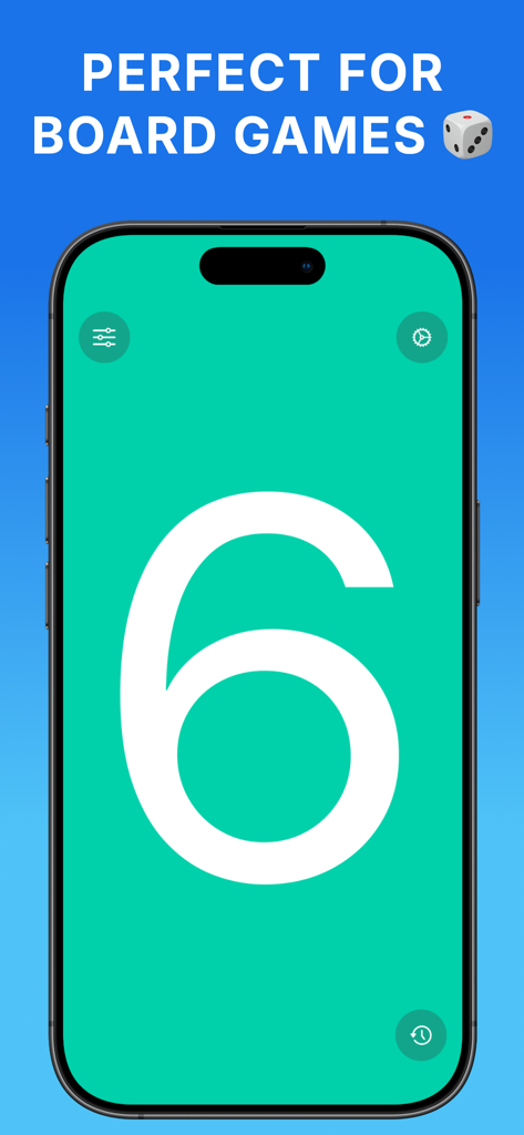 Random Number Generator . - Uma tela de celular mostrando um número grande branco seis em um fundo azul-petróleo com o texto perfeito para jogos de tabuleiro.