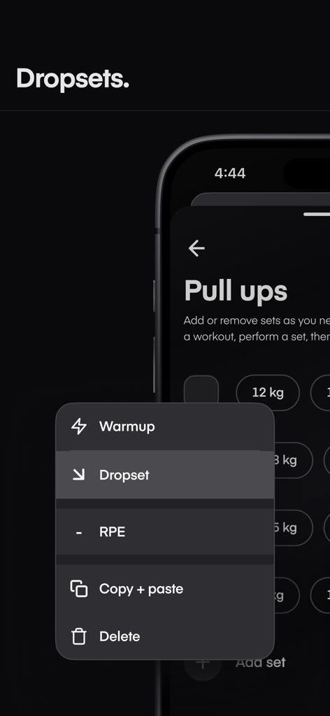 Dropset: Gym tracker - Interface of the Dropset app showing a menu with options for warmup dropset and RPE during a pull up workout session