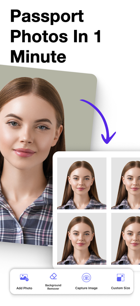 Captura de pantalla de la aplicación Creador de Fotos de Pasaporte mostrando un retrato que se convierte en una cuadrícula de fotos de DNI.
