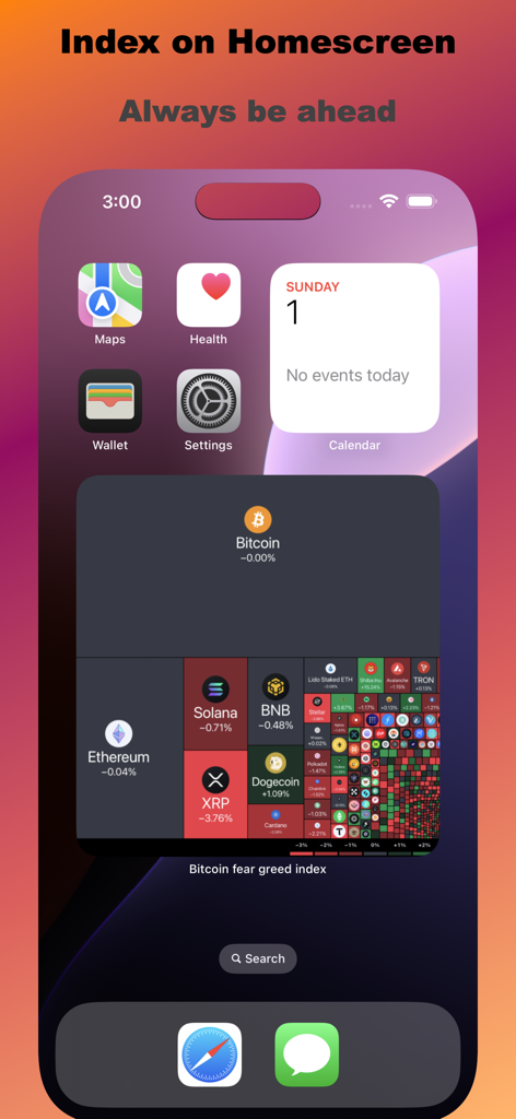 Gráfico de calor de criptomoedas e widget de índice de medo na tela inicial do iPhone