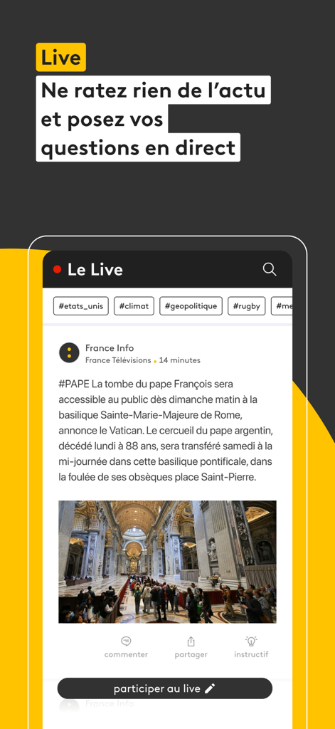Interfaz de feed de noticias en vivo de la aplicación móvil franceinfo que muestra informes en tiempo real y función de chat interactivo