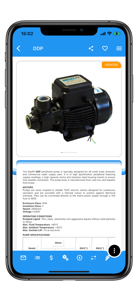 Technical specifications and product description for the Dayliff DDP peripheral pump in the DS FLO app