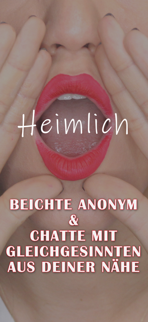 Primer plano de una mujer con lápiz labial rojo gritando secretos en la pantalla de la aplicación Heimlich